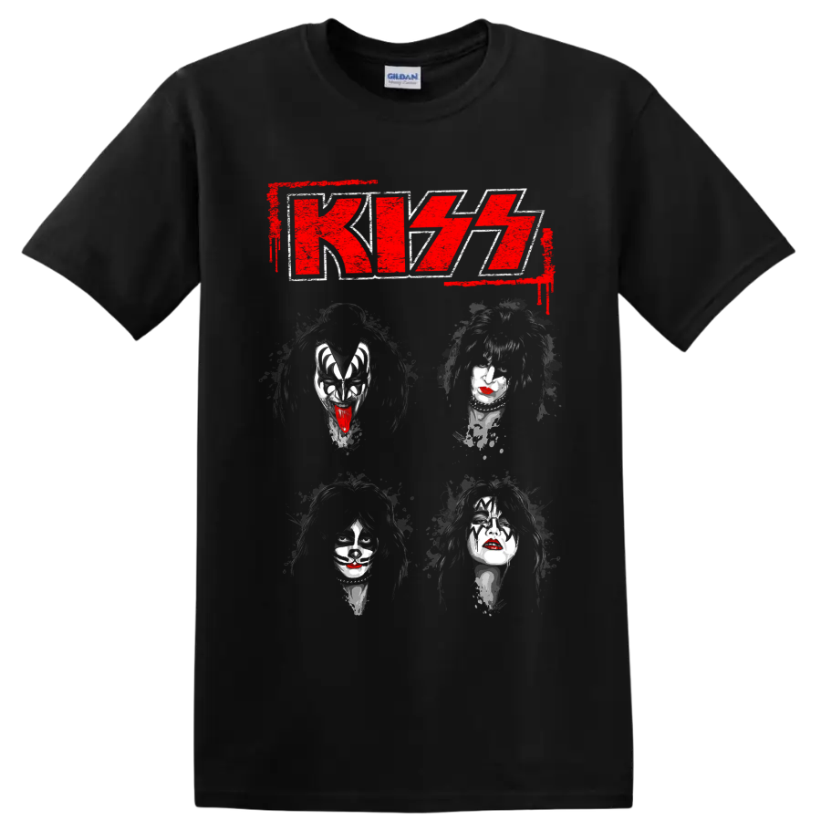 KISS logo with distressed portraits of the four original members on a Black T Shirt