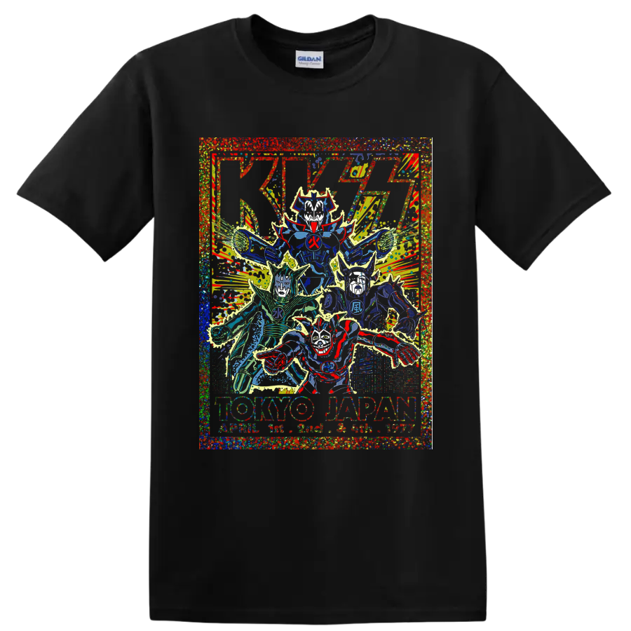 KISS Tokyo Japan concert poster graphic with stylized band figures and lightning on a Black T Shirt