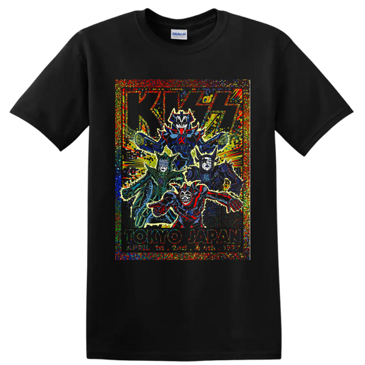 KISS Tokyo Japan concert poster graphic with stylized band figures and lightning on a Black T Shirt