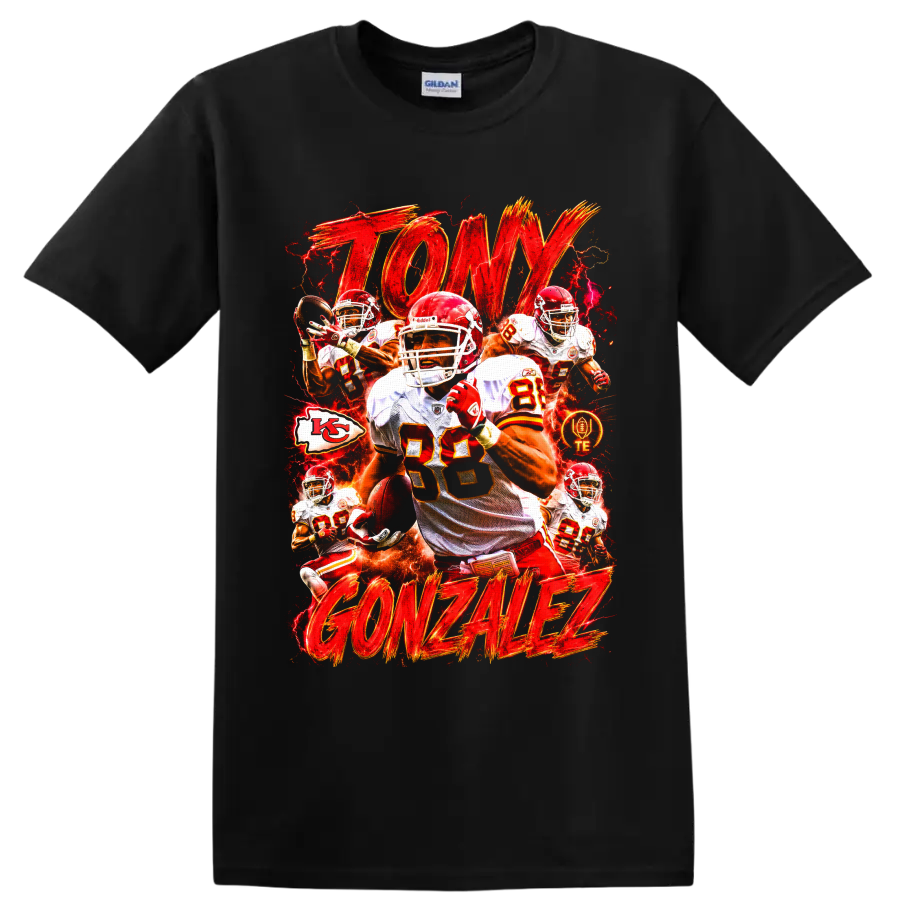 Tony Gonzalez Kansas City Chiefs tight end action collage with fiery red gold lettering on a Black T Shirt