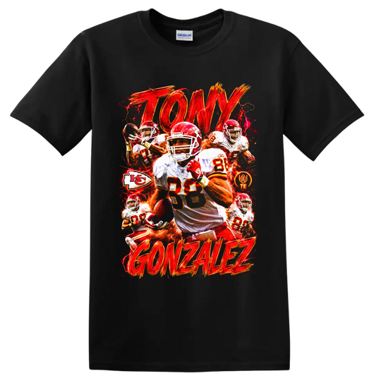 Tony Gonzalez Kansas City Chiefs tight end action collage with fiery red gold lettering on a Black T Shirt