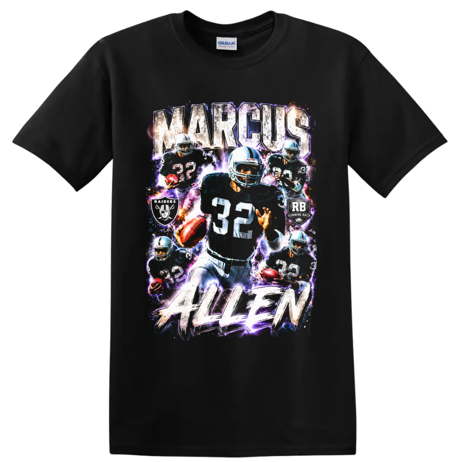 Marcus Allen Los Angeles Raiders number 32 running back electric collage graphic on a Black T Shirt