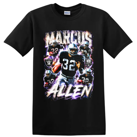 Marcus Allen Los Angeles Raiders number 32 running back electric collage graphic on a Black T Shirt