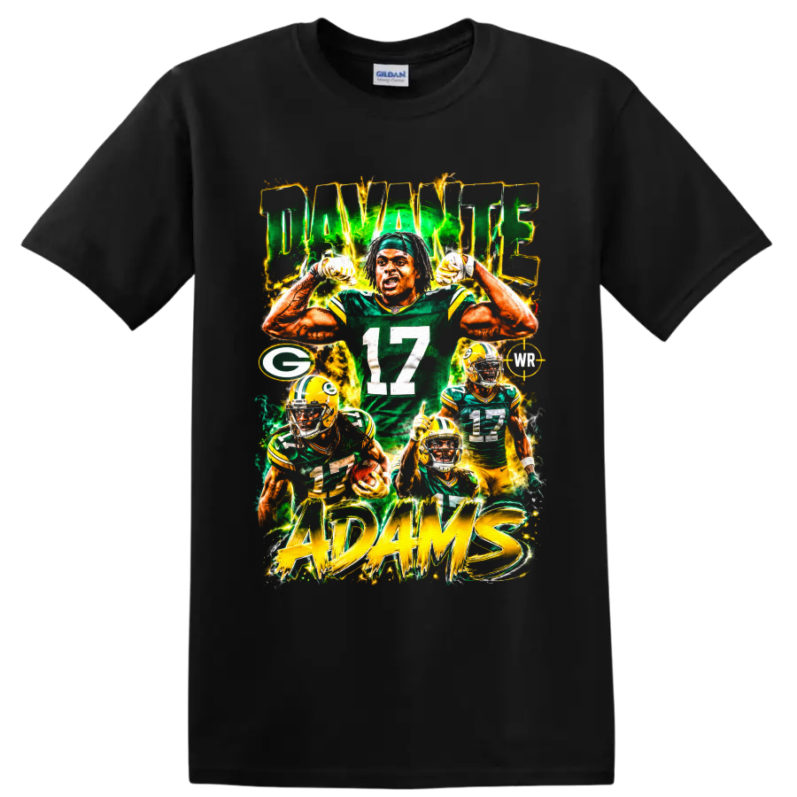 Davante Adams Packers number 17 football collage with electric green and gold ADAMS text on a Black T Shirt