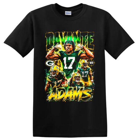 Davante Adams Packers number 17 football collage with electric green and gold ADAMS text on a Black T Shirt