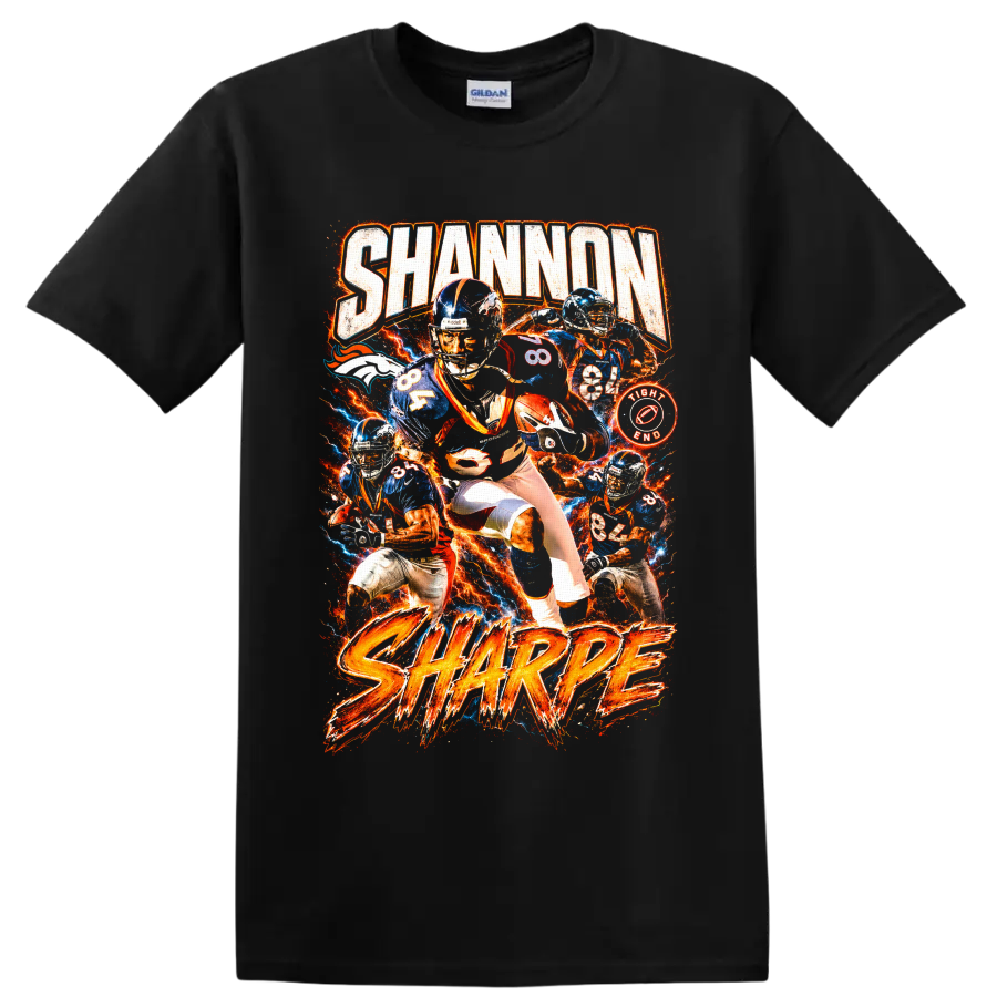 Shannon Sharpe Denver Broncos number 84 fiery vintage football collage graphic on a Black T Shirt