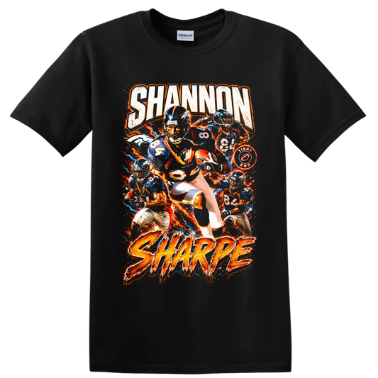 Shannon Sharpe Denver Broncos number 84 fiery vintage football collage graphic on a Black T Shirt