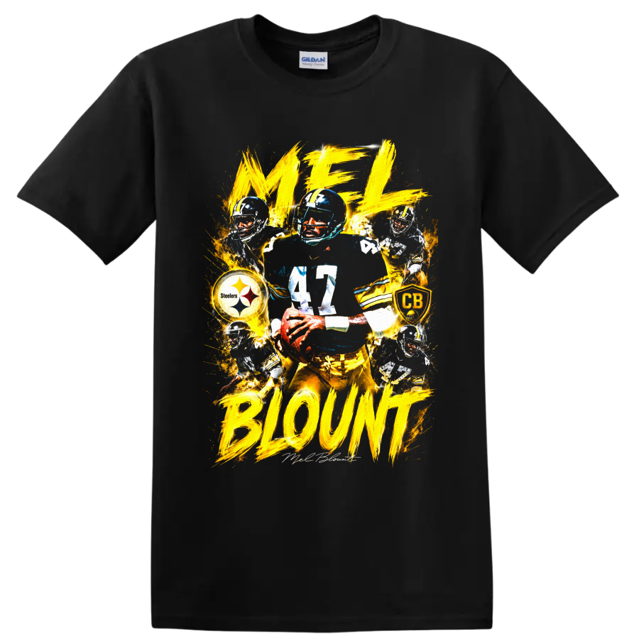 Mel Blount No. 47 Steelers action collage with gold brushstroke lettering on a Black T Shirt