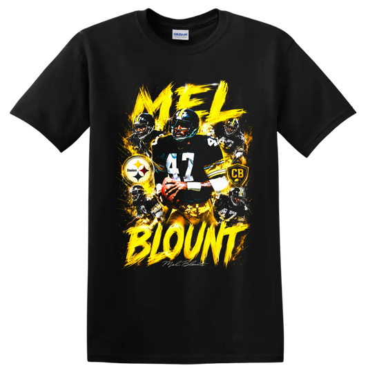 Mel Blount No. 47 Steelers action collage with gold brushstroke lettering on a Black T Shirt