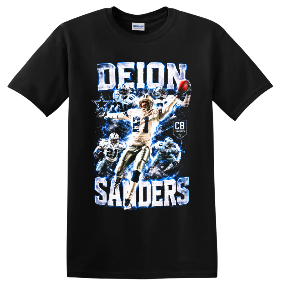 Deion Sanders Dallas Cowboys number 21 cornerback collage with blue lightning and star on a Black T Shirt