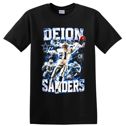 Deion Sanders Dallas Cowboys number 21 cornerback collage with blue lightning and star on a Black T Shirt