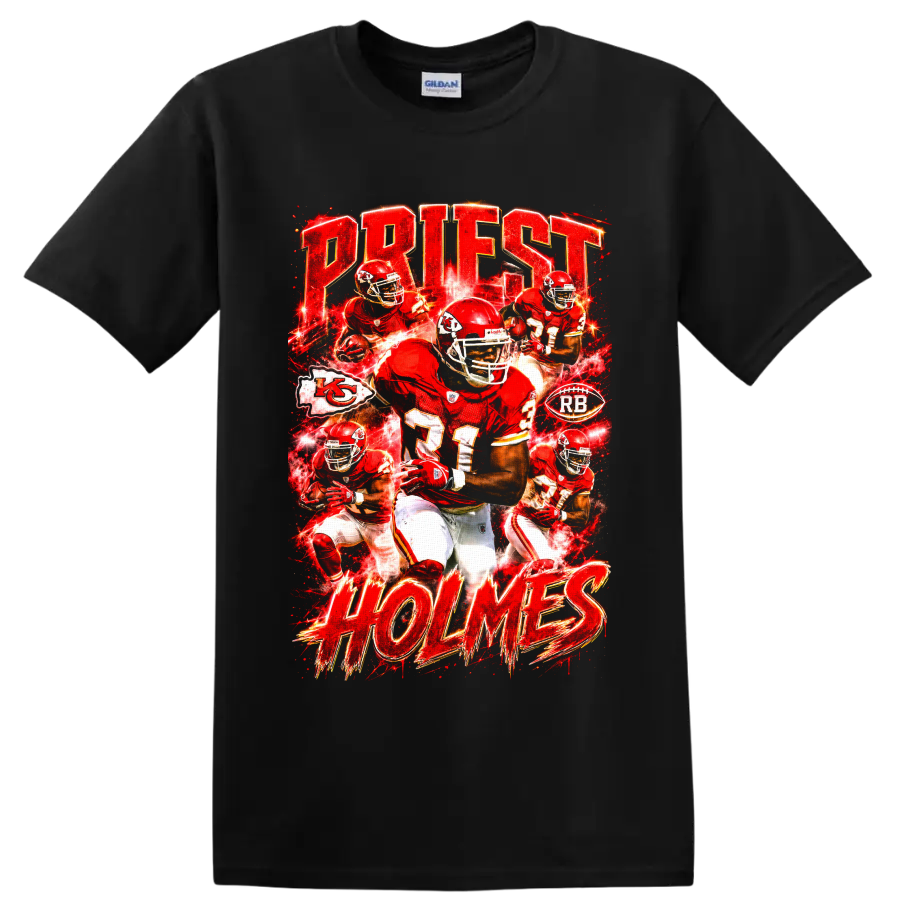 Priest Holmes Kansas City Chiefs running back action collage with PRIEST HOLMES lettering on a Black T Shirt