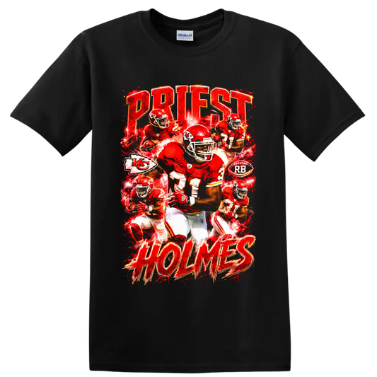 Priest Holmes Kansas City Chiefs running back action collage with PRIEST HOLMES lettering on a Black T Shirt