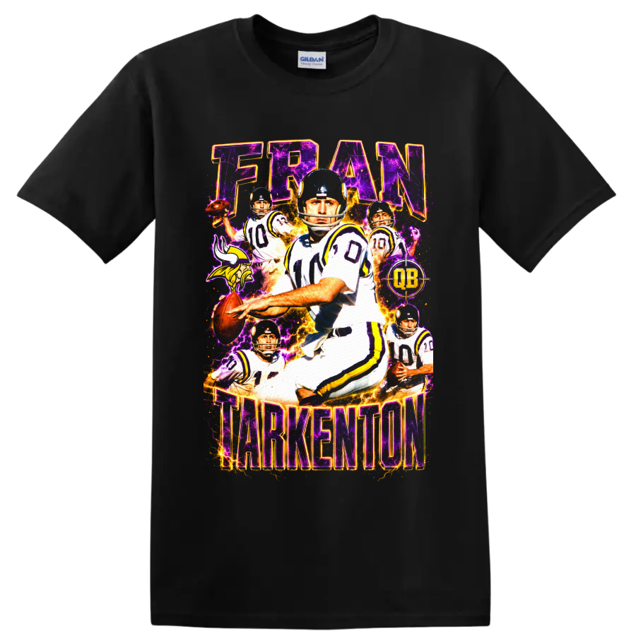 Fran Tarkenton Vikings quarterback collage with purple lightning and FRAN TARKENTON text on a Black T Shirt