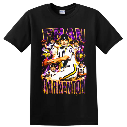 Fran Tarkenton Vikings quarterback collage with purple lightning and FRAN TARKENTON text on a Black T Shirt