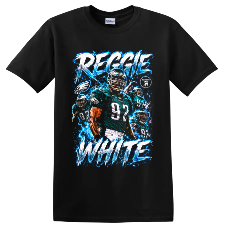 Reggie White Eagles number 92 football collage with electric lightning and bold lettering on a Black T Shirt