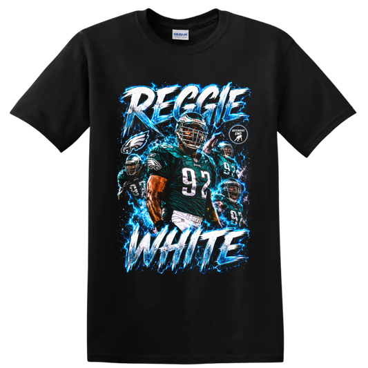 Reggie White Eagles number 92 football collage with electric lightning and bold lettering on a Black T Shirt