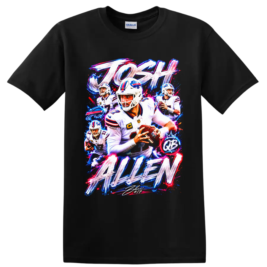 Josh Allen Buffalo Bills quarterback neon action collage with JOSH ALLEN lettering on a Black T Shirt