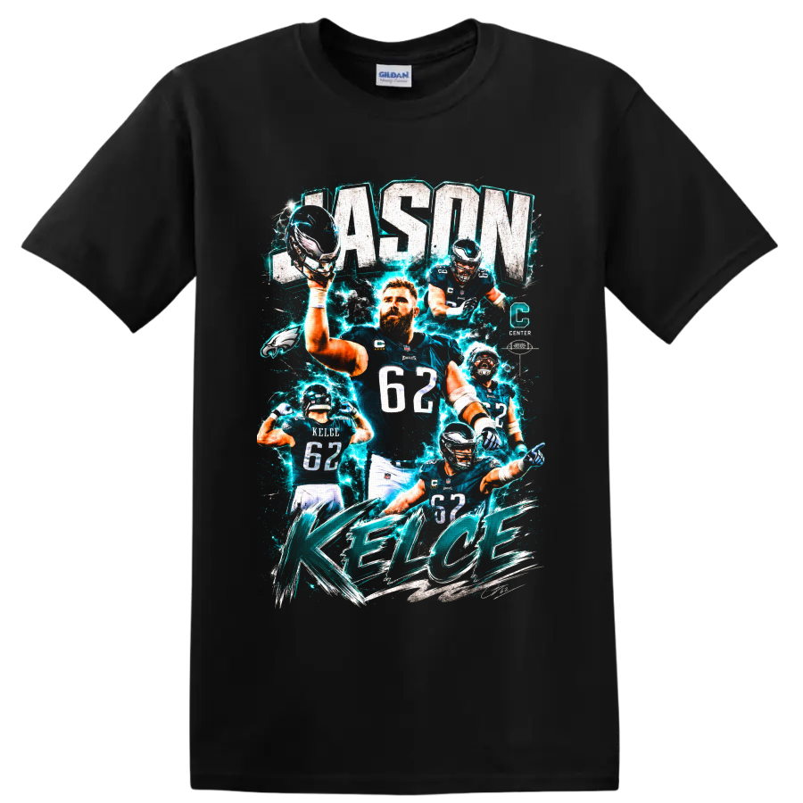 Jason Kelce Eagles center collage with electric teal effects and KELCE lettering on a Black T Shirt