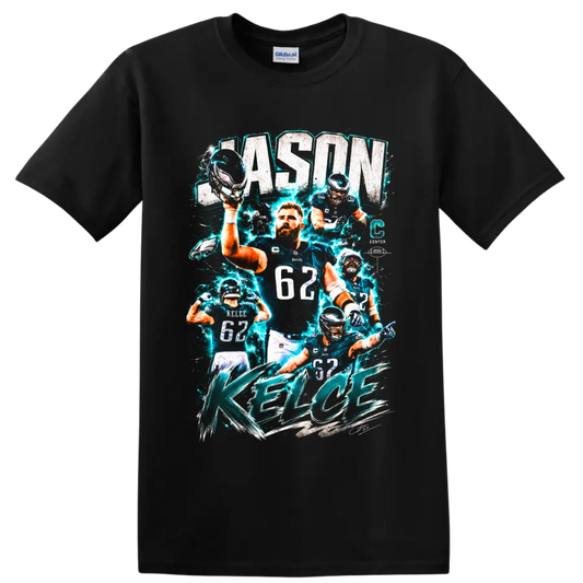Jason Kelce Eagles center collage with electric teal effects and KELCE lettering on a Black T Shirt