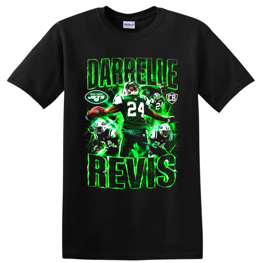 Darrelle Revis New York Jets number 24 football collage with green lightning on a Black T Shirt