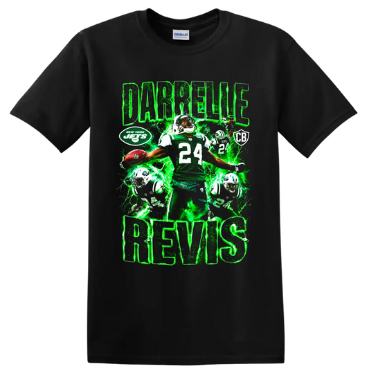 Darrelle Revis New York Jets number 24 football collage with green lightning on a Black T Shirt