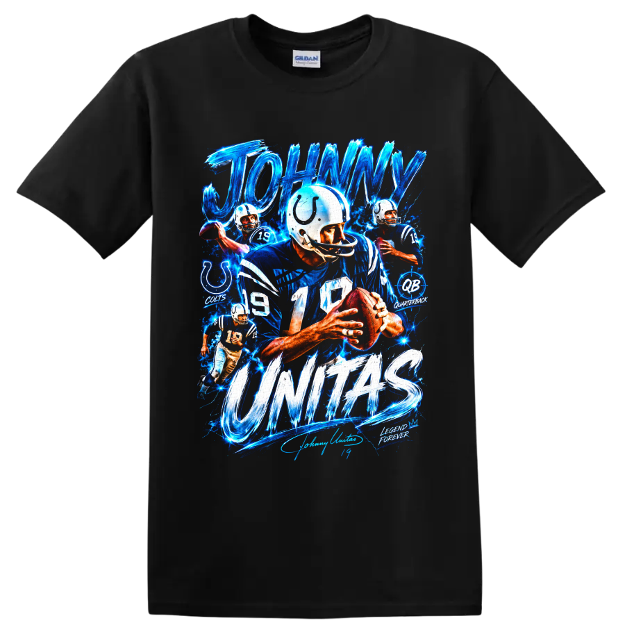 Johnny Unitas Baltimore Colts number 19 quarterback collage with electric blue lettering on a Black T Shirt