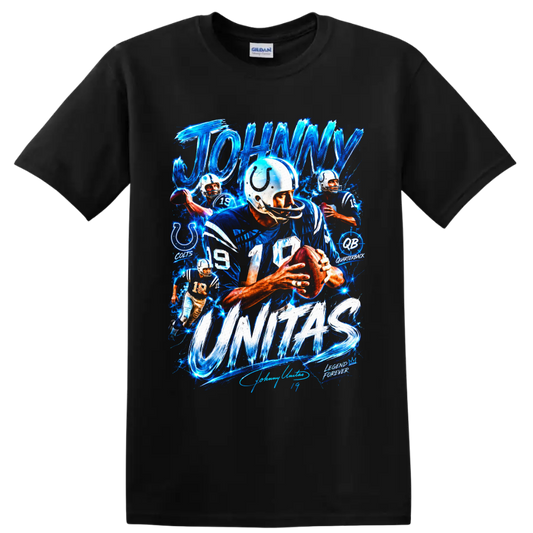 Johnny Unitas Baltimore Colts number 19 quarterback collage with electric blue lettering on a Black T Shirt