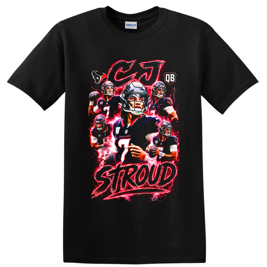 C.J. Stroud Houston Texans football collage with red neon effects and STR0UD text on a Black T Shirt