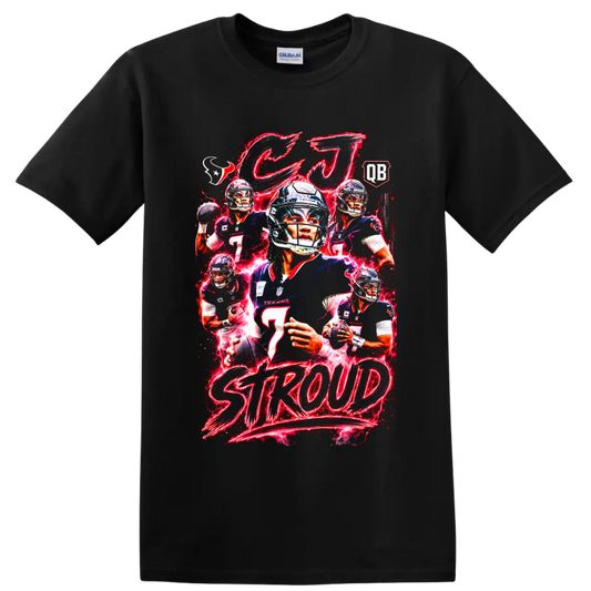 C.J. Stroud Houston Texans football collage with red neon effects and STR0UD text on a Black T Shirt