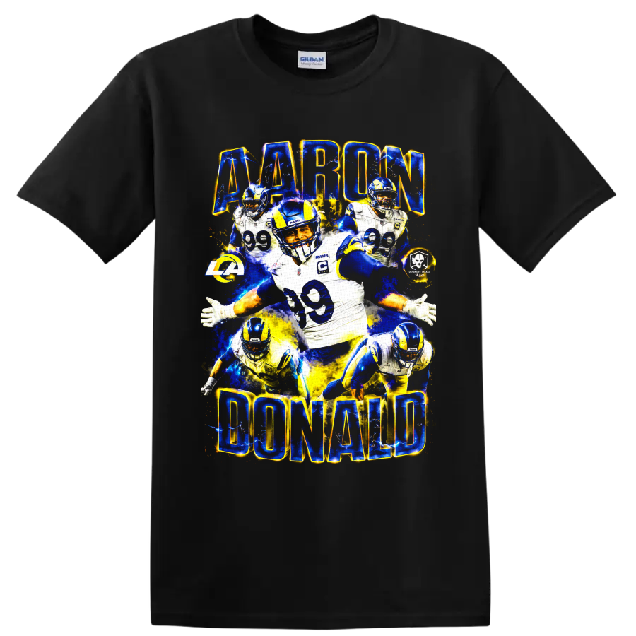 Aaron Donald Los Angeles Rams number 99 football collage with electric lettering on a Black T Shirt