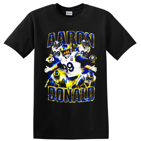 Aaron Donald Los Angeles Rams number 99 football collage with electric lettering on a Black T Shirt