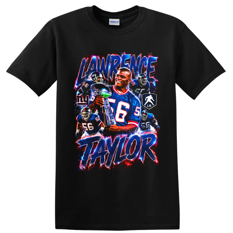 Lawrence Taylor New York Giants retro collage with trophy, action poses, and bold on a Black T Shirt