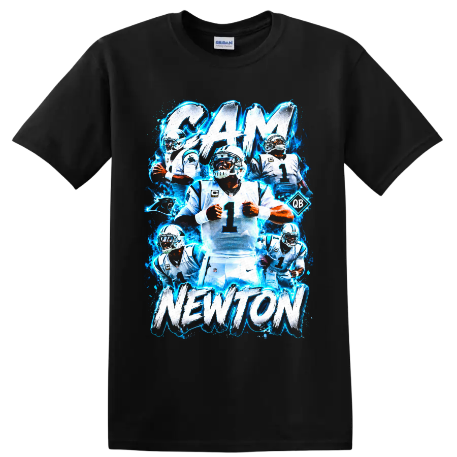 Cam Newton Panthers football collage with electric blue effects and CAM NEWTON text on a Black T Shirt