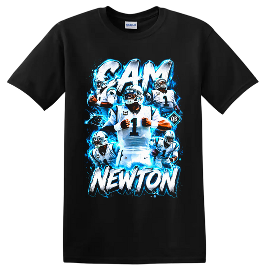 Cam Newton Panthers football collage with electric blue effects and CAM NEWTON text on a Black T Shirt