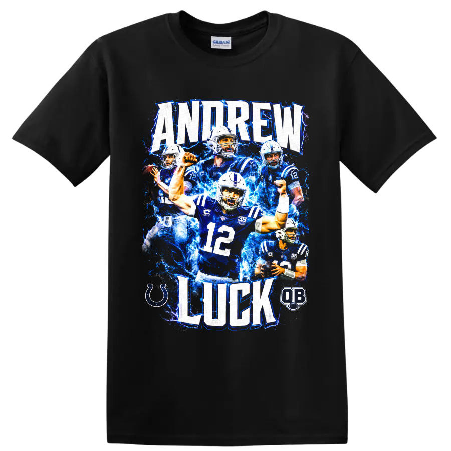 Andrew Luck Colts quarterback collage with number 12 and electric-blue lightning on a Black T Shirt