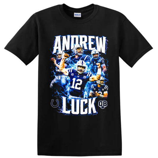 Andrew Luck Colts quarterback collage with number 12 and electric-blue lightning on a Black T Shirt