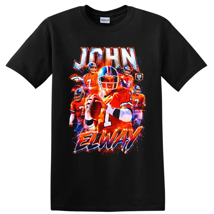 John Elway Denver Broncos quarterback collage with distressed JOHN and ELWAY lettering on a Black T Shirt