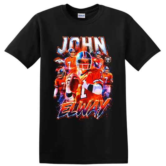 John Elway Denver Broncos quarterback collage with distressed JOHN and ELWAY lettering on a Black T Shirt