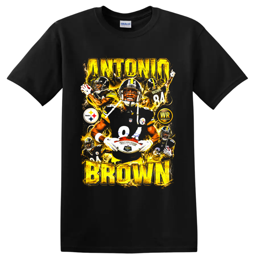 Antonio Brown Pittsburgh Steelers number 84 wide receiver action collage lettering on a Black T Shirt
