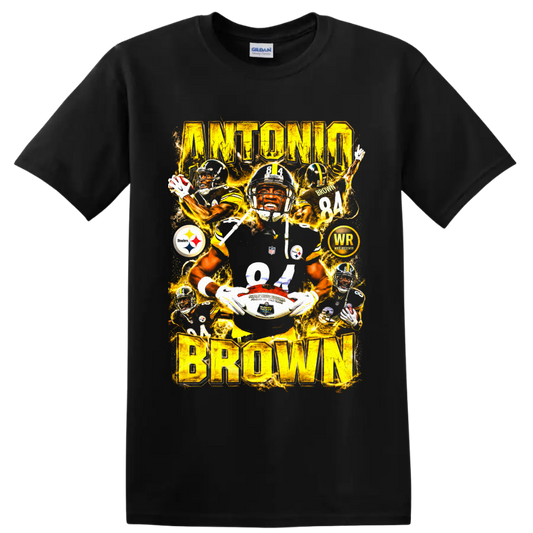 Antonio Brown Pittsburgh Steelers number 84 wide receiver action collage lettering on a Black T Shirt