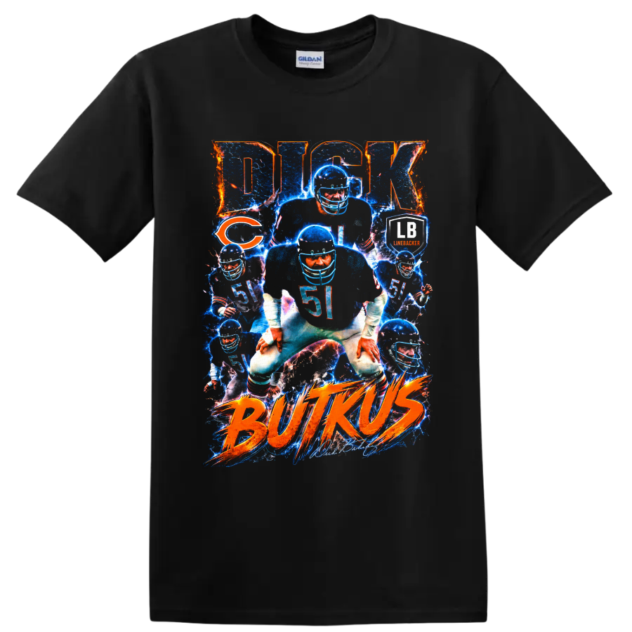 Dick Butkus Chicago Bears No. 51 electric football collage with BUTKUS lettering on a Black T Shirt
