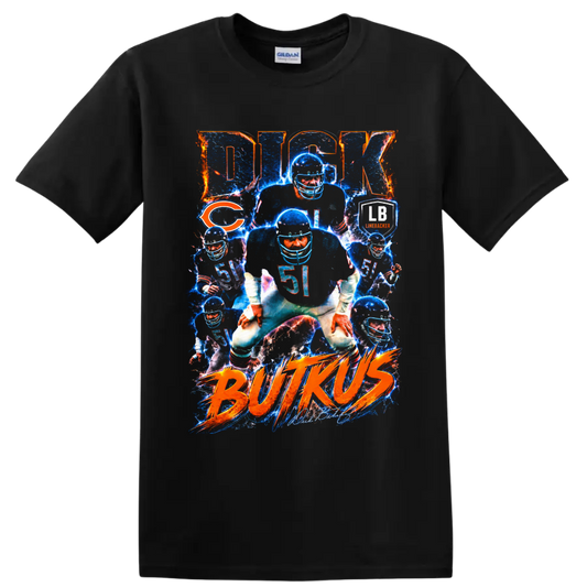 Dick Butkus Chicago Bears No. 51 electric football collage with BUTKUS lettering on a Black T Shirt