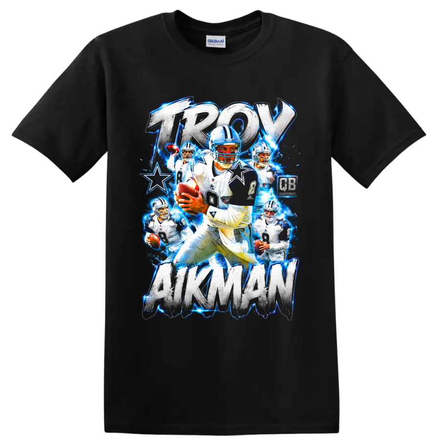 Troy Aikman Dallas Cowboys number 8 football collage with distressed lettering and stars on a Black T Shirt