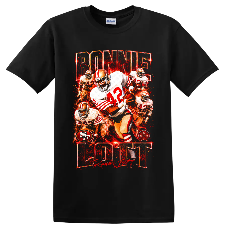 Ronnie Lott 49ers number 42 football collage with fiery red vintage graphic style on a Black T Shirt