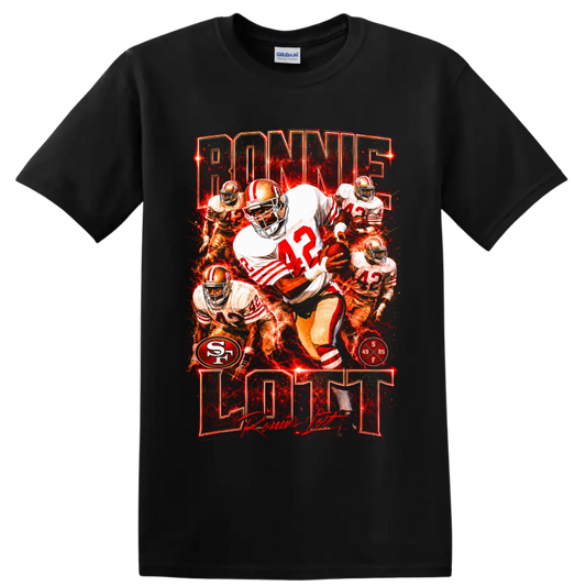 Ronnie Lott 49ers number 42 football collage with fiery red vintage graphic style on a Black T Shirt