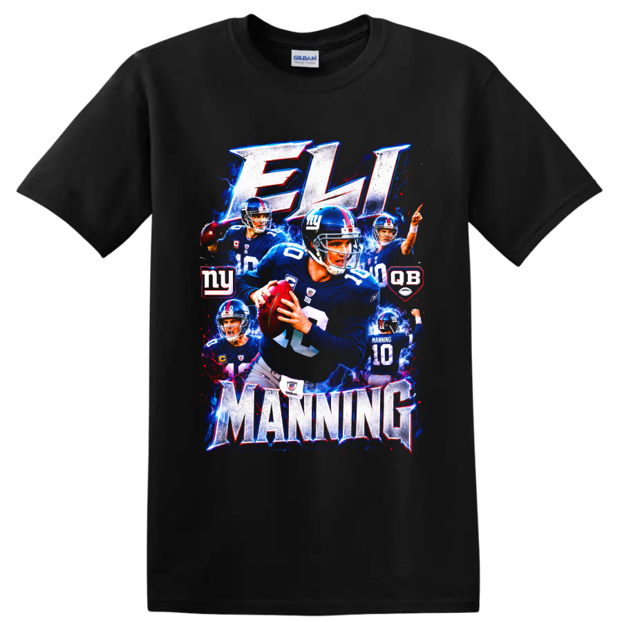 Eli Manning New York Giants quarterback collage with ELI and MANNING lettering on a Black T Shirt