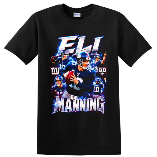 Eli Manning New York Giants quarterback collage with ELI and MANNING lettering on a Black T Shirt