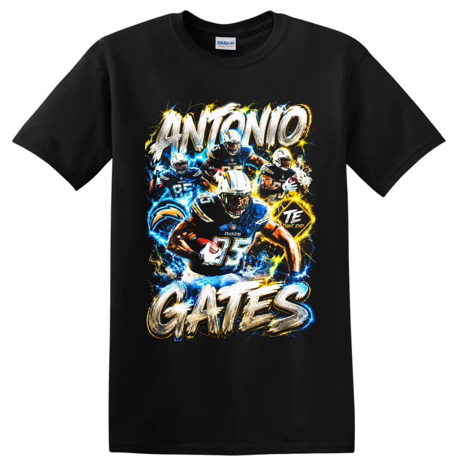 Antonio Gates Los Angeles Chargers tight end collage with electric lightning and bold on a Black T Shirt
