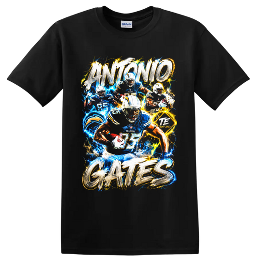 Antonio Gates Los Angeles Chargers tight end collage with electric lightning and bold on a Black T Shirt